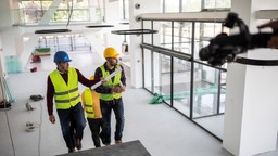 Engineers and safety officers check fire escape routes in a residential building.